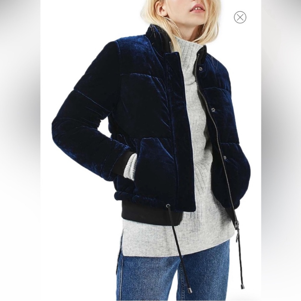 Topshop Velvet Carter Bomber Blue Jacket